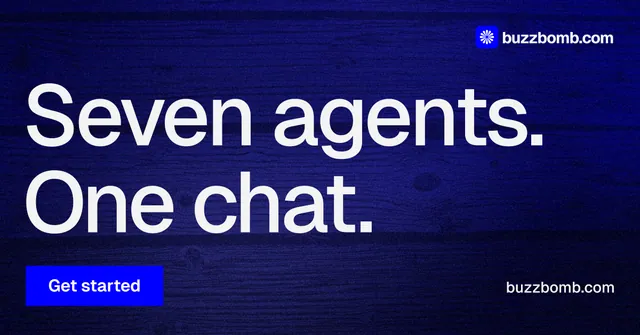 Social ad for BuzzBomb: "Seven agents. One chat." Swiss style, poster layout, dark palette in blue, black, grey.