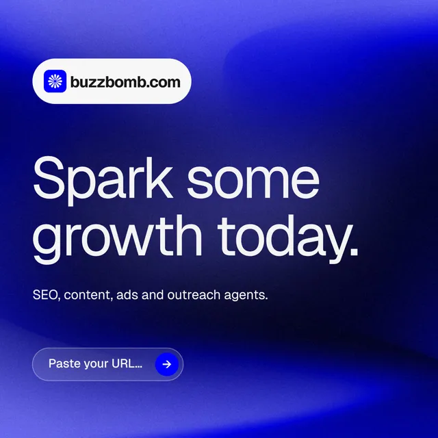 Instagram post for BuzzBomb: "Spark some growth today." Agentic glass style, announce layout, dark palette in blue.