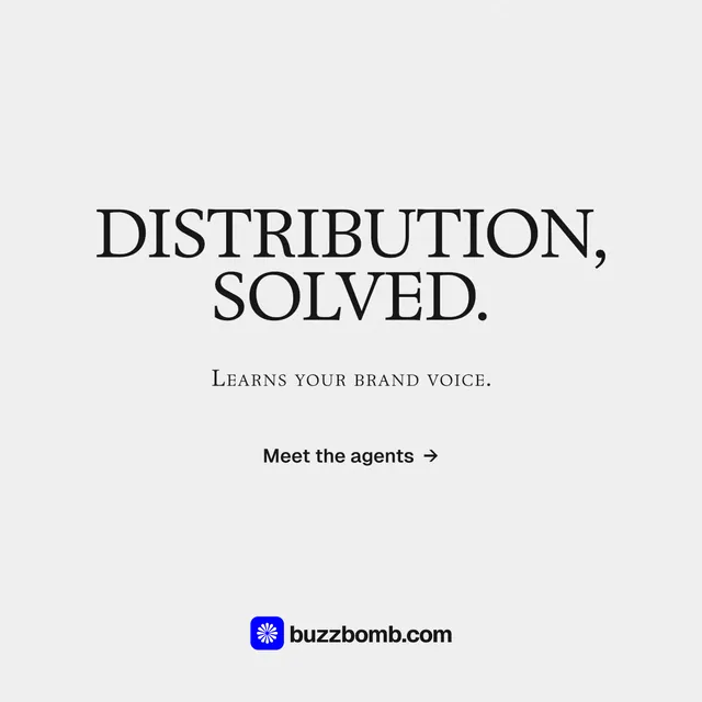 Instagram post for BuzzBomb: "Distribution, solved." Swiss style, smallcaps layout, light palette in white, grey.