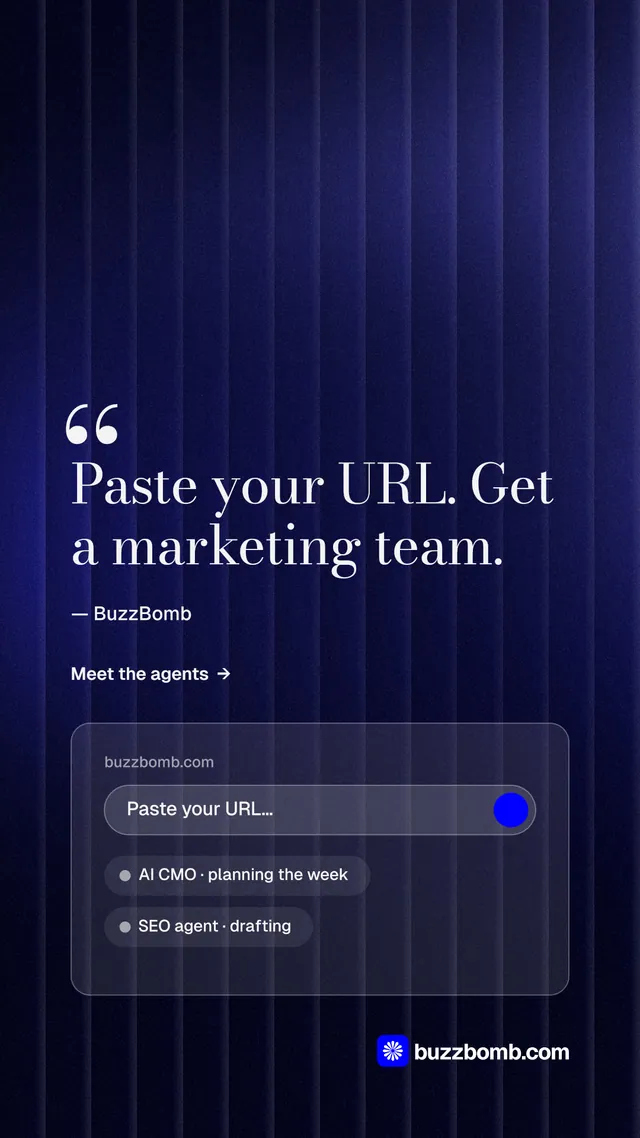 Instagram story for BuzzBomb: "Get a marketing team." Minimal luxury style, quote layout, dark palette in blue, black.