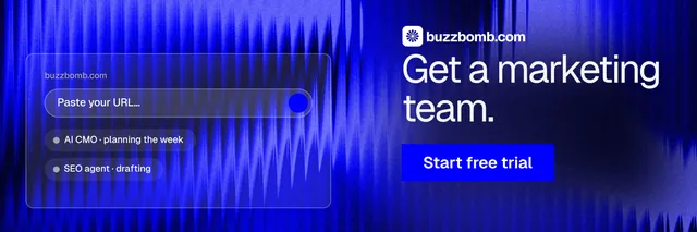 X header for BuzzBomb: "Get a marketing team." Swiss style, skeleton layout, dark palette in blue.