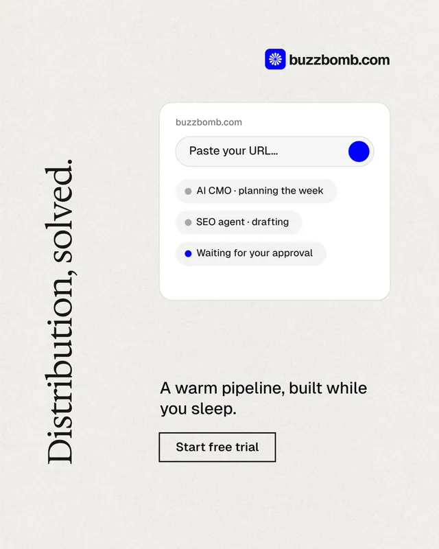 Instagram portrait post for BuzzBomb: "Distribution, solved." Editorial style, vertical layout, light palette in white.