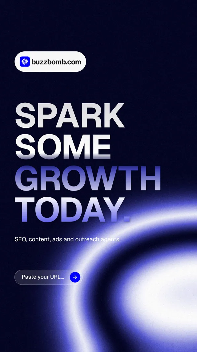 Instagram story for BuzzBomb: "Spark some growth today." Agentic glass style, announce layout, dark palette in black, blue.