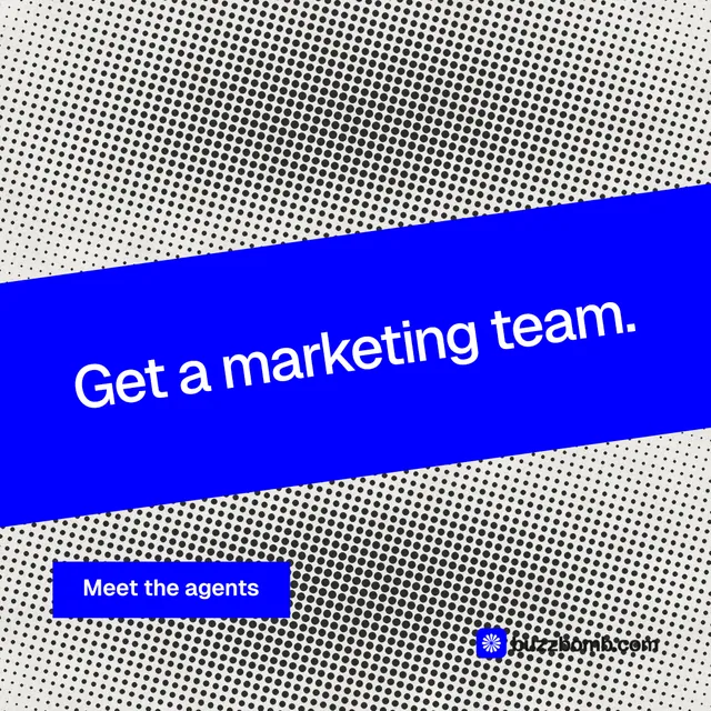 Instagram post for BuzzBomb: "Get a marketing team." Swiss style, diagonal layout, light palette in grey, blue.