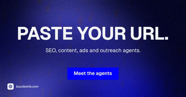 Social ad for BuzzBomb: "Paste your URL." Swiss style, centred layout, dark palette in black, blue.
