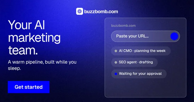 Social ad for BuzzBomb: "Your AI marketing team." Swiss style, bottom layout, dark palette in blue.