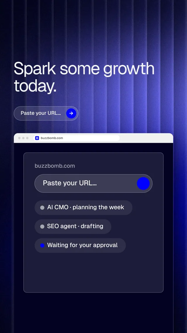 Instagram story for BuzzBomb: "Spark some growth today." Agentic glass style, browser layout, dark palette in blue, black.