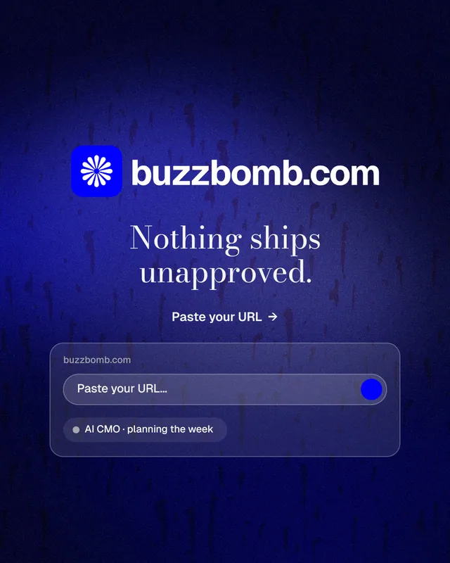 Instagram portrait post for BuzzBomb: "Nothing ships unapproved." Minimal luxury style, logo hero layout, dark palette in black, blue.