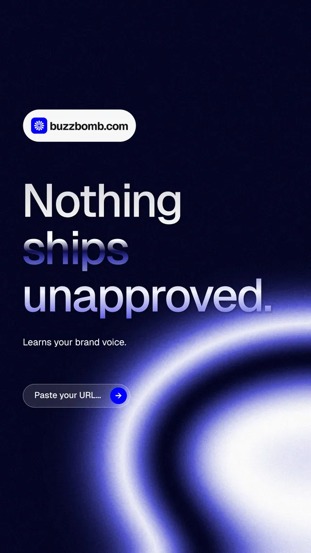 Instagram story for BuzzBomb: "Nothing ships unapproved." Agentic glass style, announce layout, dark palette in black, blue.