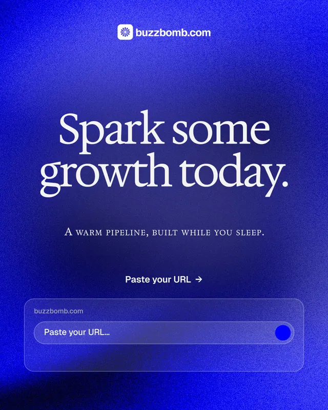 Instagram portrait post for BuzzBomb: "Spark some growth today." Swiss style, smallcaps layout, dark palette in blue.