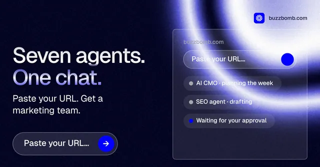 Social ad for BuzzBomb: "Seven agents. One chat." Agentic glass style, bottom layout, dark palette in black, blue.