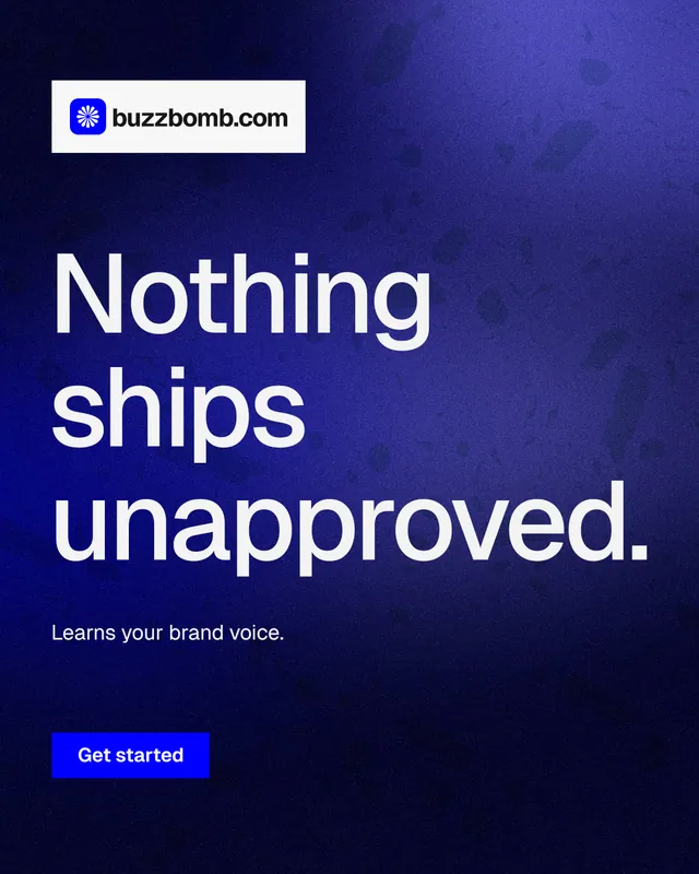 Instagram portrait post for BuzzBomb: "Nothing ships unapproved." Swiss style, announce layout, dark palette in black, blue.