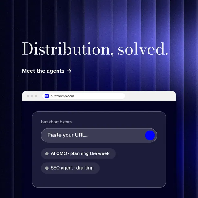 Instagram post for BuzzBomb: "Distribution, solved." Minimal luxury style, browser layout, dark palette in black, blue.