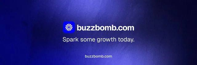X header for BuzzBomb: "Spark some growth today." Swiss style, end card layout, dark palette in blue.