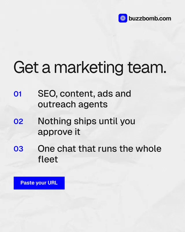 Instagram portrait post for BuzzBomb: "Get a marketing team." Swiss style, numbered layout, light palette in white, grey.