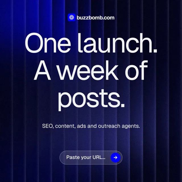 Instagram post for BuzzBomb: "One launch. A week of posts." Agentic glass style, centred layout, dark palette in black, blue, grey.