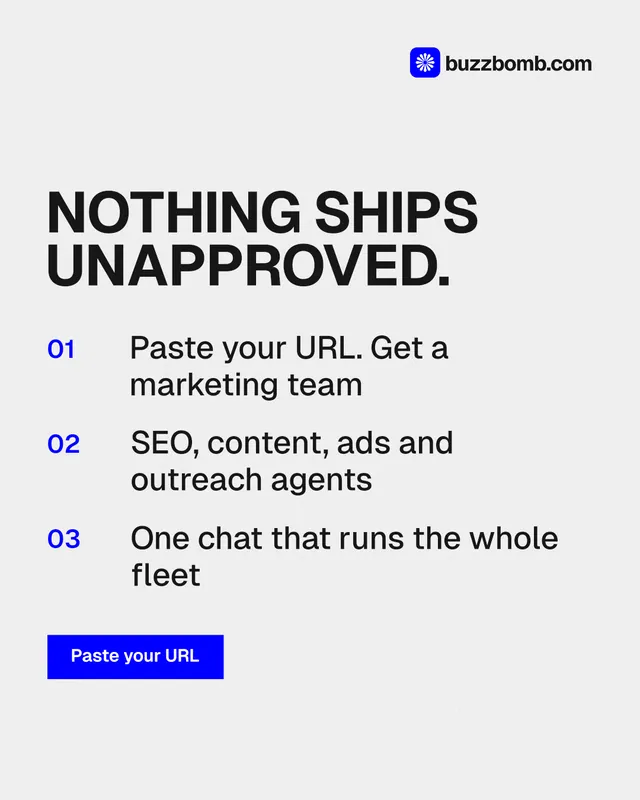 Instagram portrait post for BuzzBomb: "Nothing ships unapproved." Swiss style, numbered layout, light palette in white, grey.