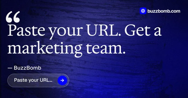 Social ad for BuzzBomb: "One launch. A week of posts." Agentic glass style, quote layout, dark palette in blue, grey.