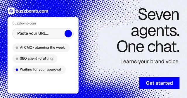 Social ad for BuzzBomb: "Seven agents. One chat." Swiss style, right layout, light palette in white, blue.