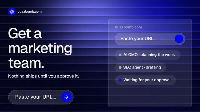 Landscape graphic for BuzzBomb: "Get a marketing team." Agentic glass style, bottom layout, dark palette in black, blue.