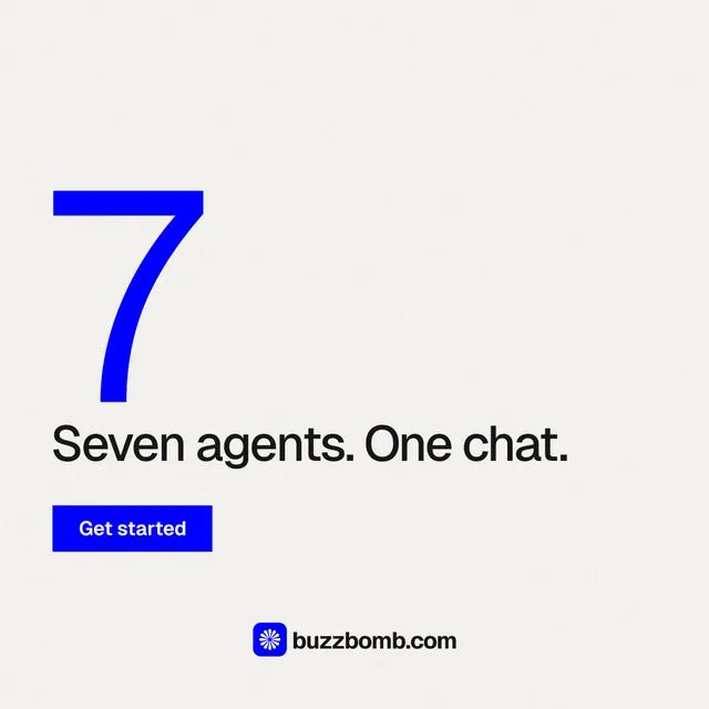 Instagram post for BuzzBomb: "Your AI marketing team." Swiss style, stat layout, light palette in white, blue.