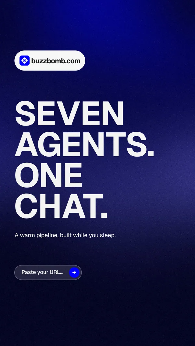 Instagram story for BuzzBomb: "Seven agents. One chat." Agentic glass style, announce layout, dark palette in black, blue, grey.