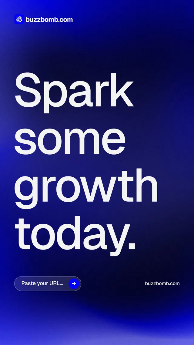 Instagram story for BuzzBomb: "Spark some growth today." Agentic glass style, poster layout, dark palette in blue.