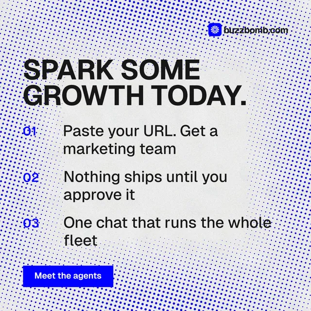 Instagram post for BuzzBomb: "Spark some growth today." Swiss style, numbered layout, light palette in blue, white.