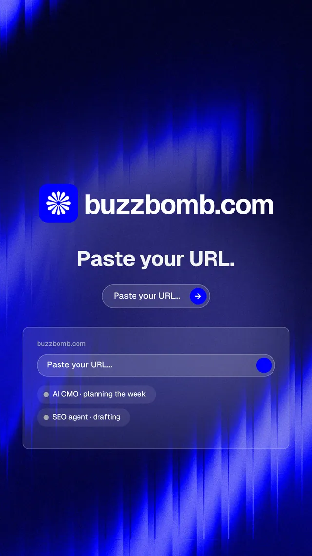 Instagram story for BuzzBomb: "Paste your URL." Agentic glass style, logo hero layout, dark palette in black, blue.