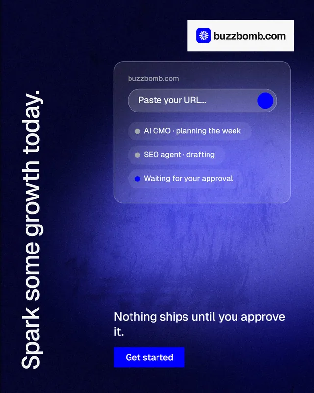 Instagram portrait post for BuzzBomb: "Spark some growth today." Swiss style, vertical layout, dark palette in black, blue.