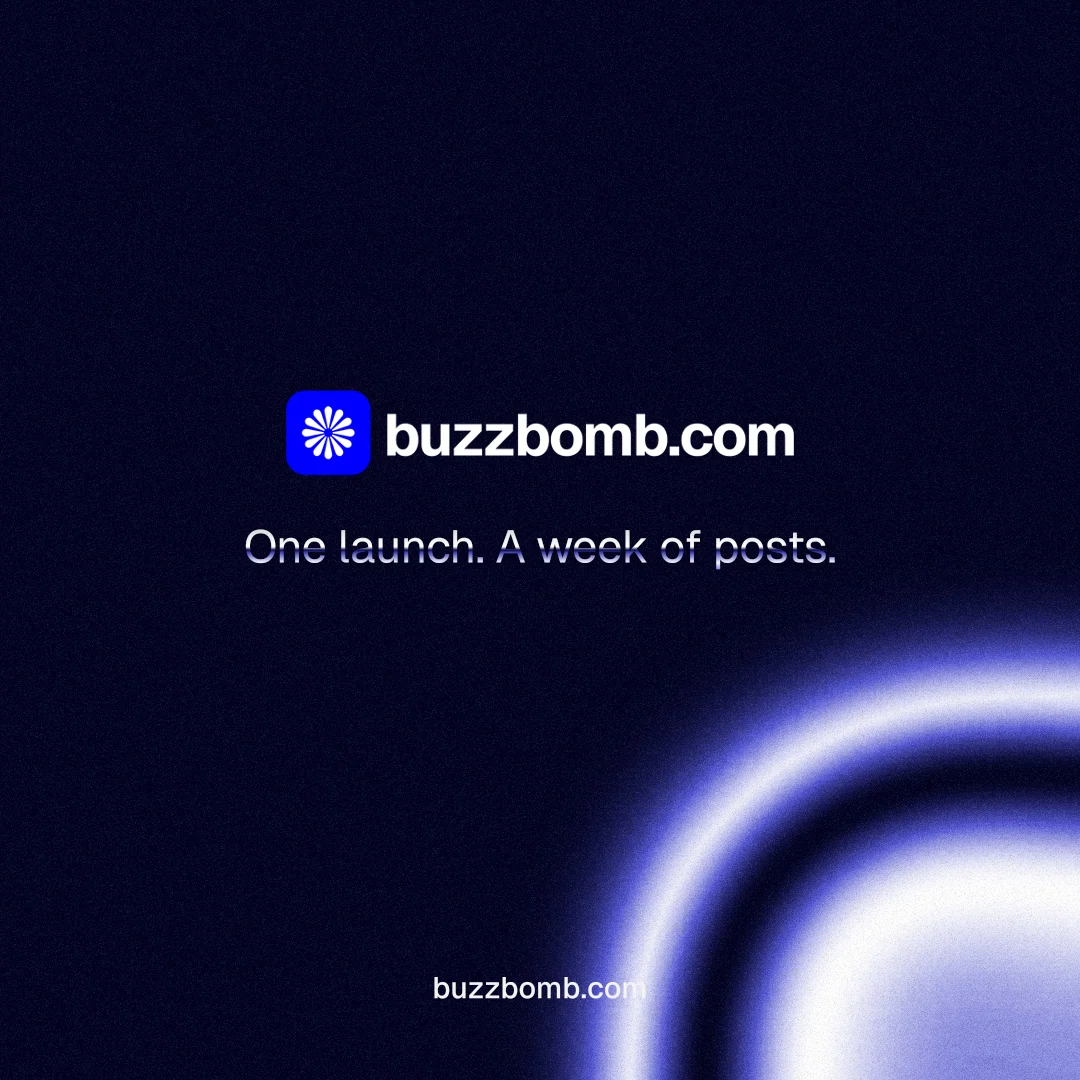 Instagram post for BuzzBomb: "One launch. A week of posts." Agentic glass style, end card layout, dark palette in black, blue.