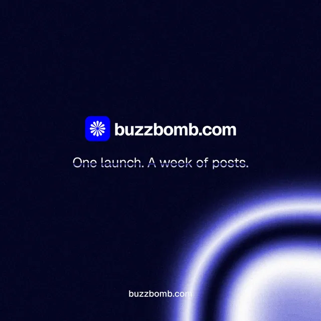 Instagram post for BuzzBomb: "One launch. A week of posts." Agentic glass style, end card layout, dark palette in black, blue.