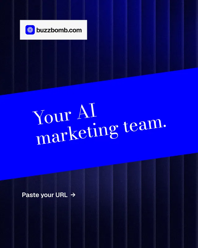 Instagram portrait post for BuzzBomb: "Your AI marketing team." Minimal luxury style, diagonal layout, dark palette in blue.
