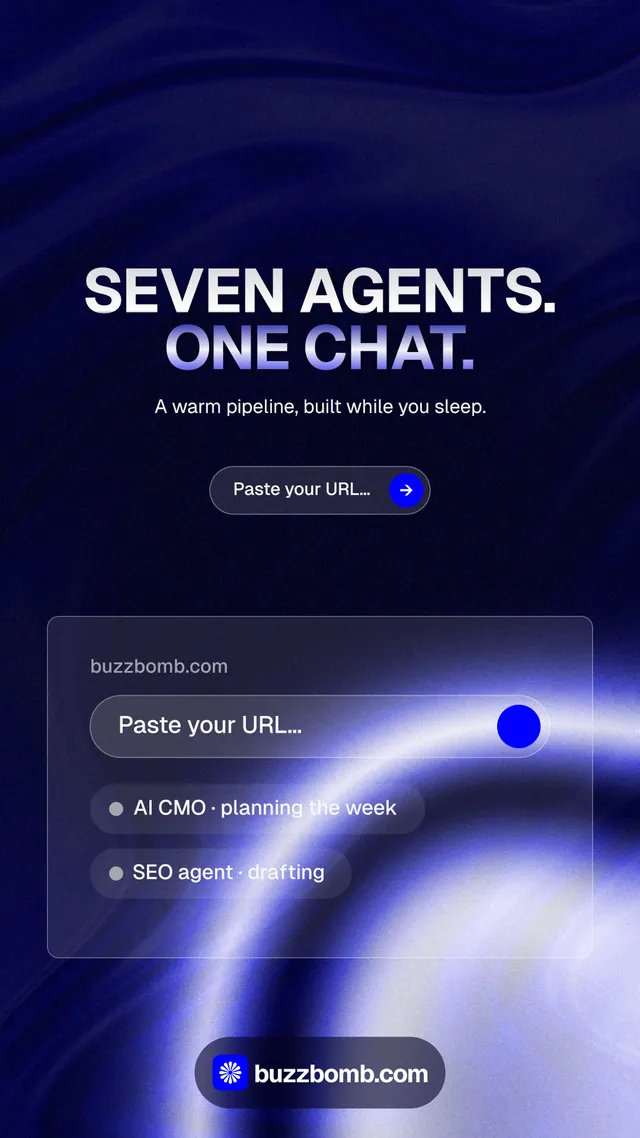 Instagram story for BuzzBomb: "Seven agents. One chat." Agentic glass style, centred layout, dark palette in blue, black.