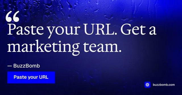 Social ad for BuzzBomb: "Get a marketing team." Swiss style, quote layout, dark palette in blue.