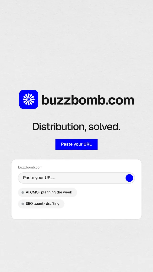 Instagram story for BuzzBomb: "Distribution, solved." Swiss style, logo hero layout, light palette in white, blue.