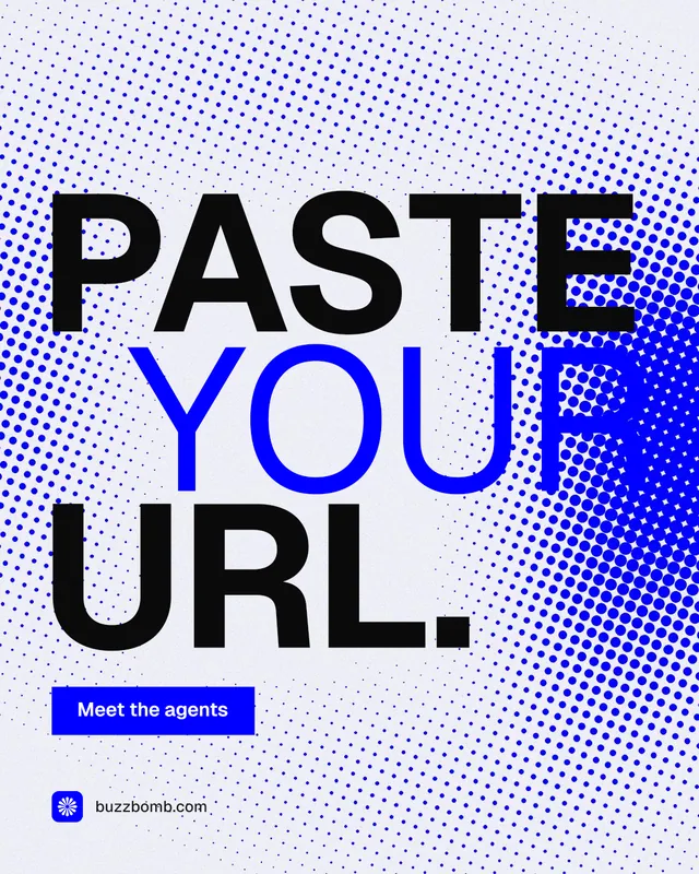 Instagram portrait post for BuzzBomb: "Paste your URL." Split block style, stacked layout, light palette in blue, white.