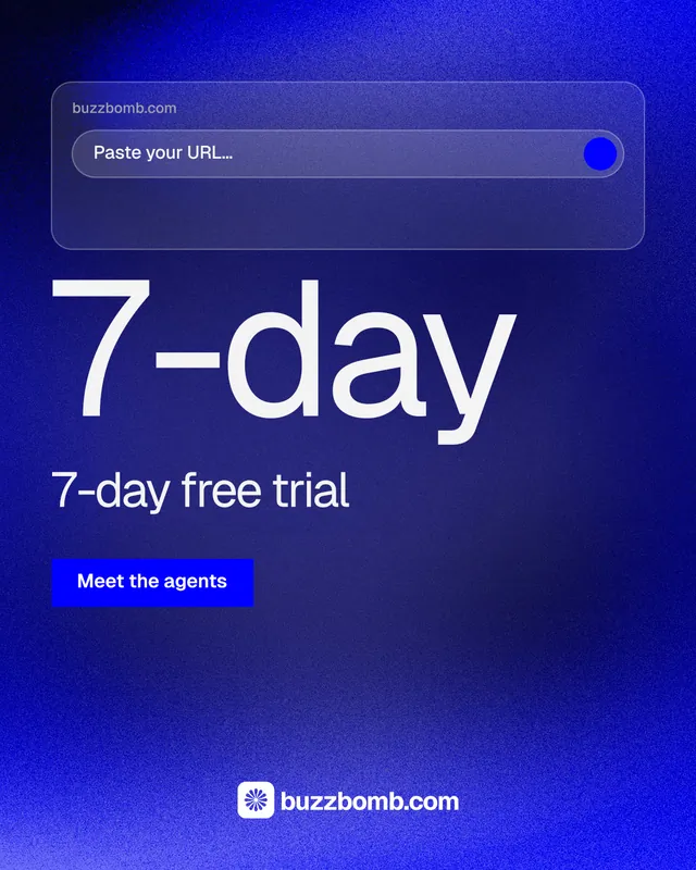 Instagram portrait post for BuzzBomb: "Get a marketing team." Swiss style, stat layout, dark palette in blue.