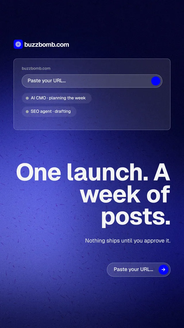 Instagram story for BuzzBomb: "One launch. A week of posts." Agentic glass style, right layout, dark palette in blue, black.