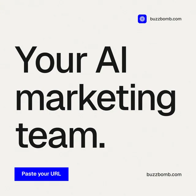 Instagram post for BuzzBomb: "Your AI marketing team." Swiss style, poster layout, light palette in white, grey.