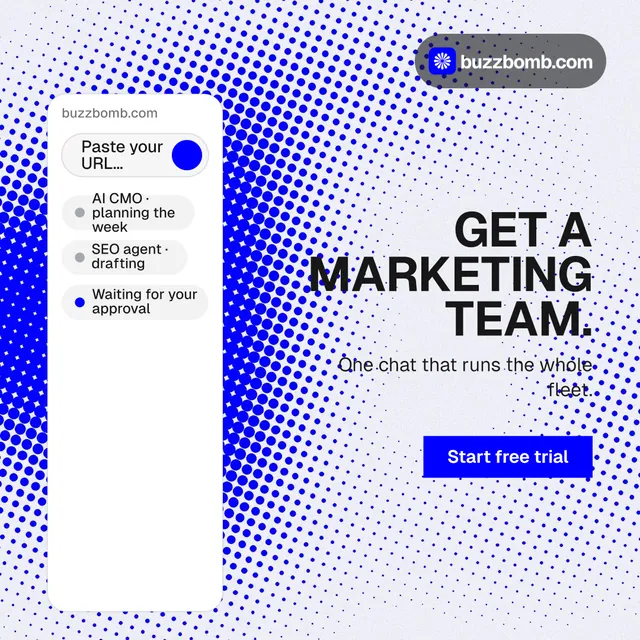 Instagram post for BuzzBomb: "Get a marketing team." Swiss style, right layout, light palette in white, blue.