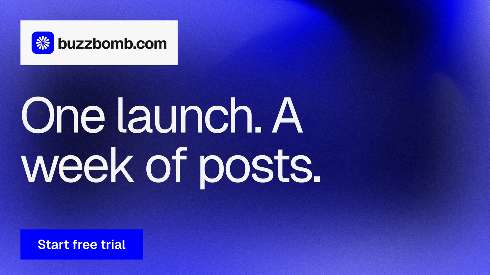 Landscape graphic for BuzzBomb: "One launch. A week of posts." Swiss style, announce layout, dark palette in blue.