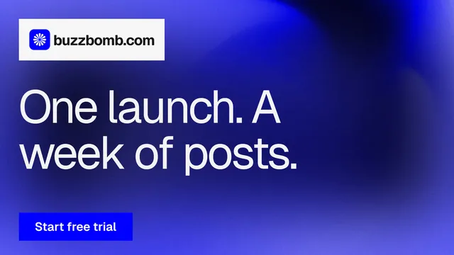 Landscape graphic for BuzzBomb: "One launch. A week of posts." Swiss style, announce layout, dark palette in blue.
