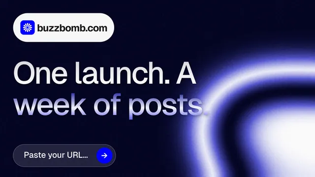 Landscape graphic for BuzzBomb: "One launch. A week of posts." Agentic glass style, announce layout, dark palette in black, blue.