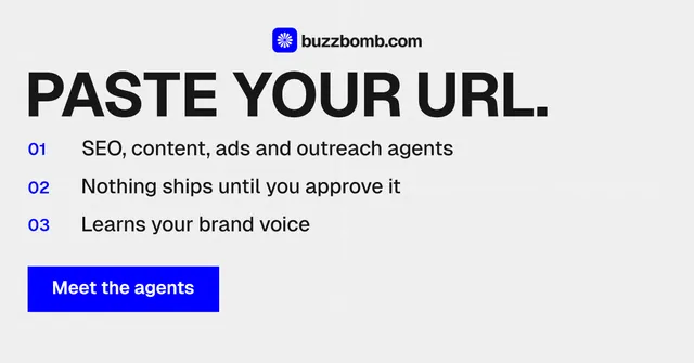 Social ad for BuzzBomb: "Paste your URL." Swiss style, numbered layout, light palette in white, blue.
