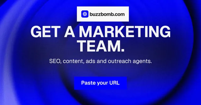 Social ad for BuzzBomb: "Get a marketing team." Swiss style, centred layout, dark palette in blue.
