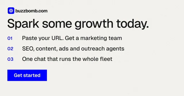 Social ad for BuzzBomb: "Spark some growth today." Swiss style, numbered layout, light palette in white, blue.