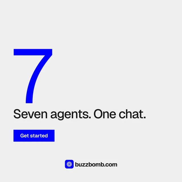 Instagram post for BuzzBomb: "Your AI marketing team." Swiss style, stat layout, light palette in white, blue.