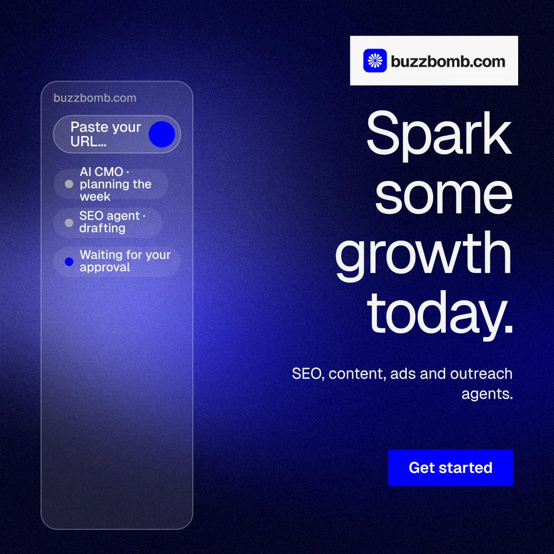 Instagram post for BuzzBomb: "Spark some growth today." Swiss style, right layout, dark palette in black, blue.