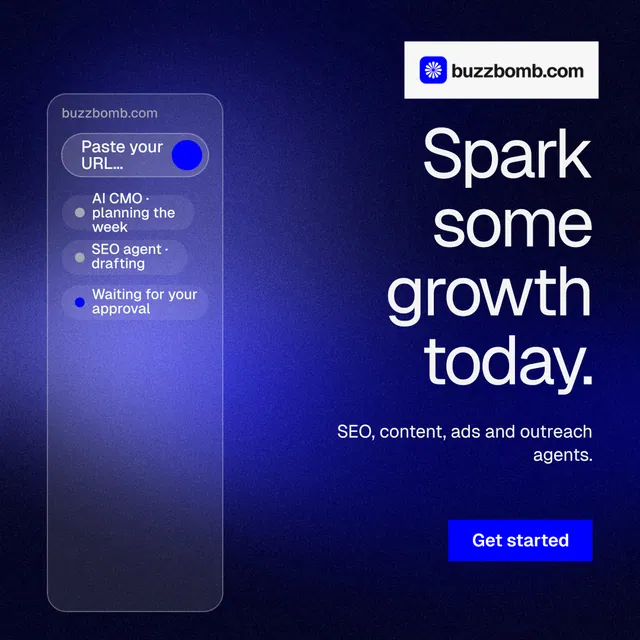 Instagram post for BuzzBomb: "Spark some growth today." Swiss style, right layout, dark palette in black, blue.